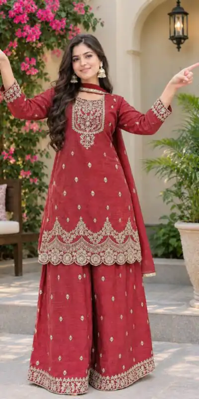 ND 5081 Red Crunchy Silk Salwar Suit with Embroidery Work. Wedding, Party, Festive, Events Best Price ₹2399. Delivery 4-6 Working Days. Shop now. | Casual Suits, Jump Suits, Creative suits, Designer Suits, Palazzo Suits, Party Wear Suits, Patiala Suits, Salwar suit, Straight Suits