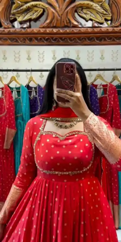 PC 570 Red Red Jacquard Wiving Gown with Embroidery Work & Zari Work. Special Price ₹2249. Delivery 4-6 Working Days. Shop now. | Bollywood Gowns, Creative Gowns, Designer Gowns, Embroidered Gowns, Gowns, Party Wear Gowns