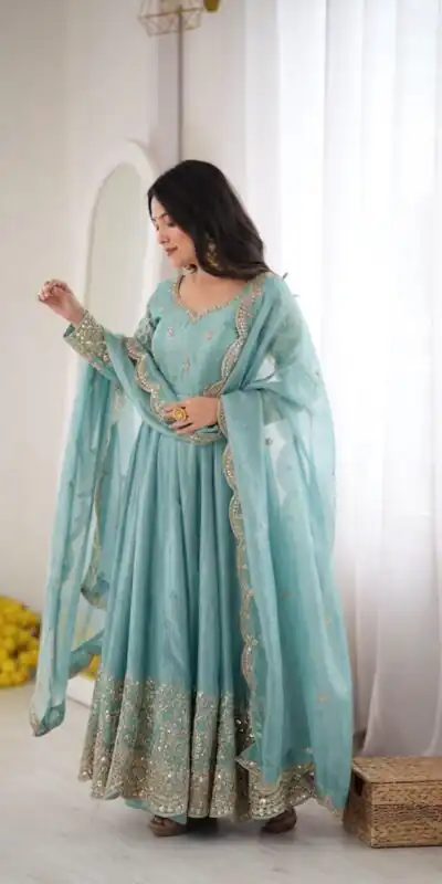 ZSR 3185 Sky Blue Fendy Silk Gown with Embroidery Work & Sequins Work. Special Price ₹2399. Delivery 4-6 Working Days. Shop now. | Bollywood Gowns, Creative Gowns, Designer Gowns, Embroidered Gowns, Gowns, Party Wear Gowns