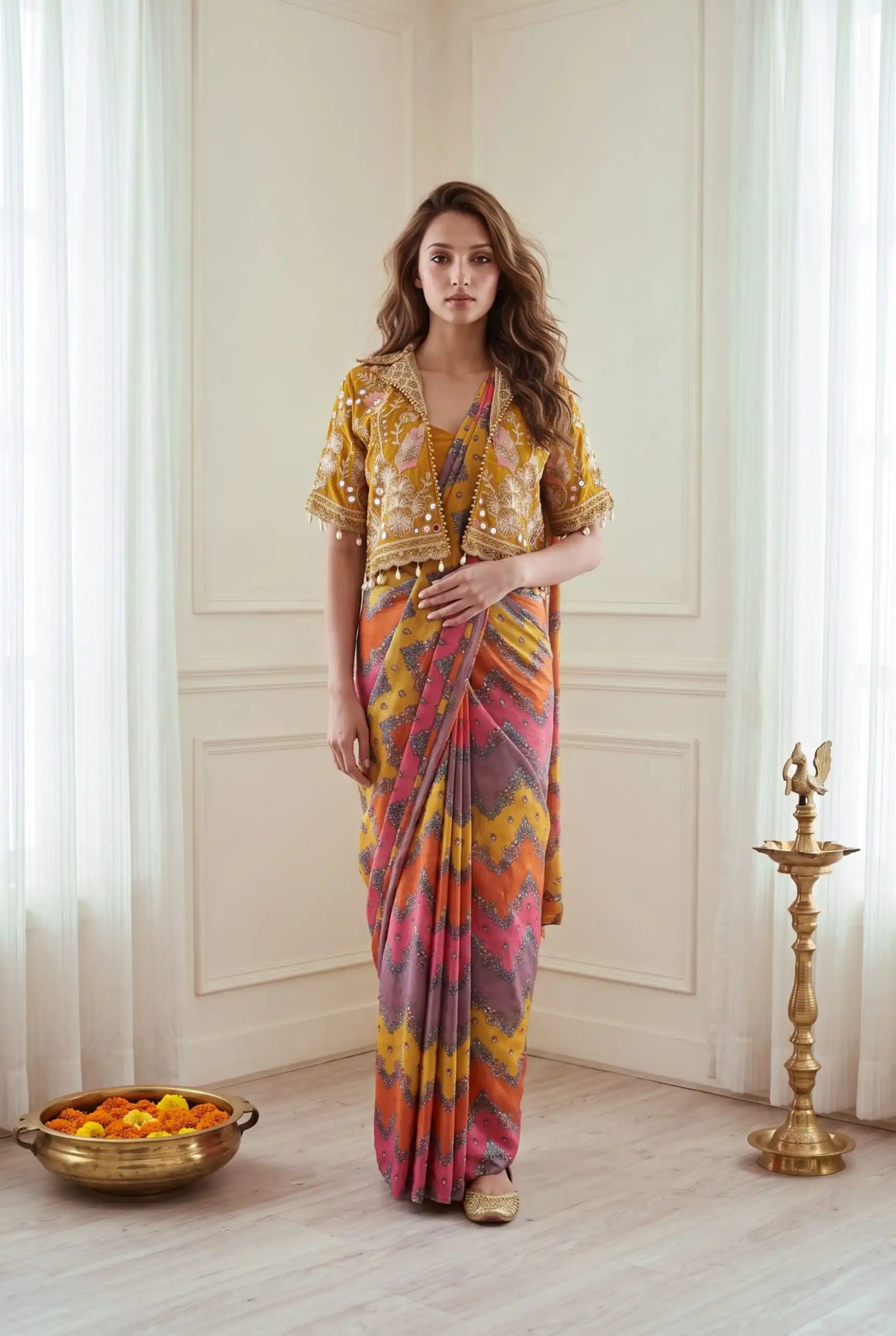 Fancy Yellow Chinon Silk Mirror Embroidery Work Saree - Image 3
