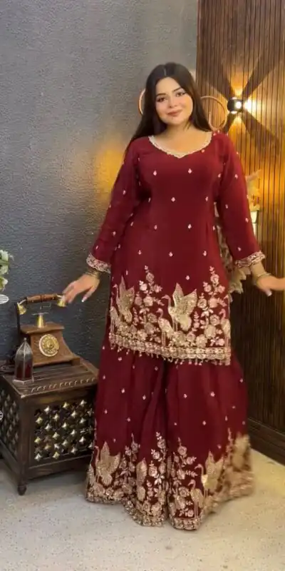 VLM 355 Maroon Chinon Silk Salwar Suit with Embroidery Work & Sequins Work. Get it for ₹2399. Delivery 4-6 Working Days. Shop now. | Casual Suits, Jump Suits, Creative suits, Designer Suits, Palazzo Suits, Party Wear Suits, Patiala Suits, Salwar suit, Straight Suits