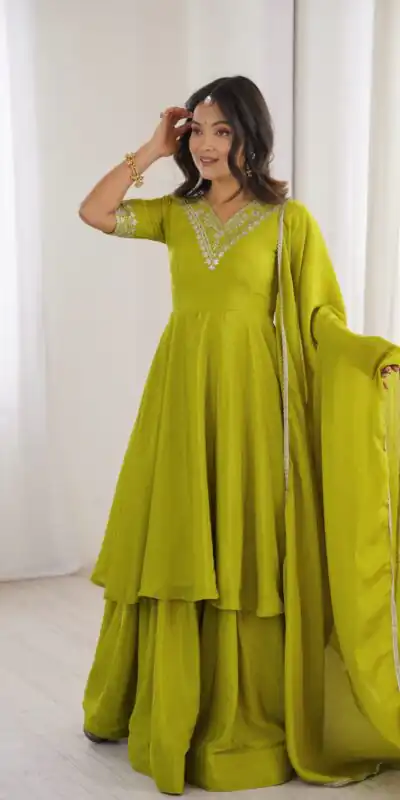 SP 87 Mehendi Chinon Silk Salwar Suit with Embroidery Work & Sequins Work. Get it for ₹2149. Delivery 4-6 Working Days. Shop now. | Casual Suits, Jump Suits, Creative suits, Designer Suits, Palazzo Suits, Party Wear Suits, Patiala Suits, Salwar suit, Straight Suits