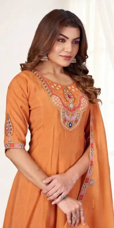 DIVA 171 Orange Mal Chanderi Salwar Suit Perfect for Wedding, Party, Baisakhi, Housewarming, Sangeet – Introductory Price ₹2449. Delivery 4-6 Working D | Casual Suits, Jump Suits, Creative suits, Designer Suits, Palazzo Suits, Party Wear Suits, Patiala Suits, Salwar suit, Straight Suits