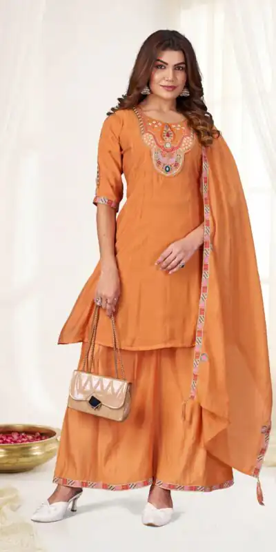 DIVA 171 Orange Mal Chanderi Salwar Suit Perfect for Wedding, Party, Baisakhi, Housewarming, Sangeet – Introductory Price ₹2449. Delivery 4-6 Working D | Casual Suits, Jump Suits, Creative suits, Designer Suits, Palazzo Suits, Party Wear Suits, Patiala Suits, Salwar suit, Straight Suits