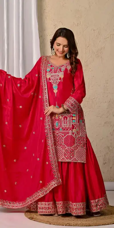 ND 5047 Red Chinon Silk Salwar Suit with Embroidery Work & Sequins Work. Get it for ₹2399. Delivery 4-6 Working Days. Shop now. | Casual Suits, Jump Suits, Creative suits, Designer Suits, Palazzo Suits, Party Wear Suits, Patiala Suits, Salwar suit, Straight Suits