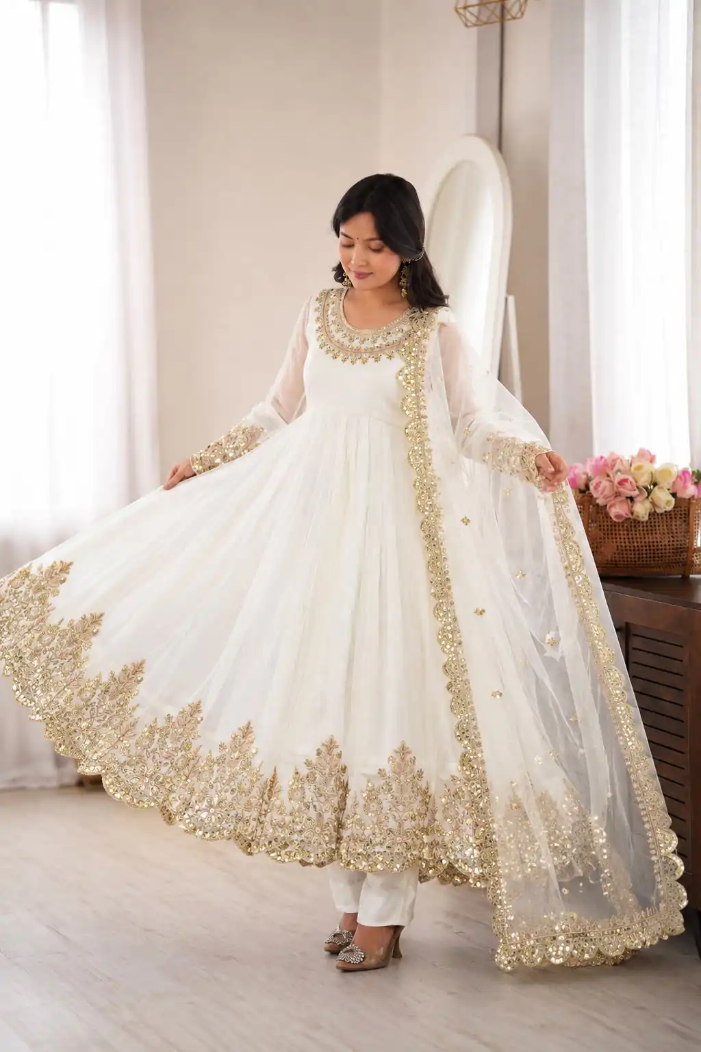SR 1723 White Doremon Crush Gown with Lace Work & Mirror Work. Exclusive Offer ₹2449. Delivery 4-6 Working Days. Shop now. | Bollywood Gowns, Creative Gowns, Designer Gowns, Embroidered Gowns, Gowns, Party Wear Gowns