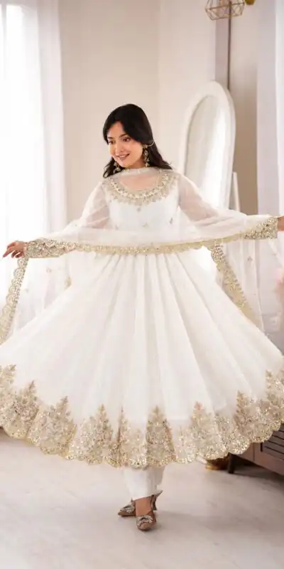 SR 1723 White Doremon Crush Gown with Lace Work & Mirror Work. Exclusive Offer ₹2449. Delivery 4-6 Working Days. Shop now. | Bollywood Gowns, Creative Gowns, Designer Gowns, Embroidered Gowns, Gowns, Party Wear Gowns