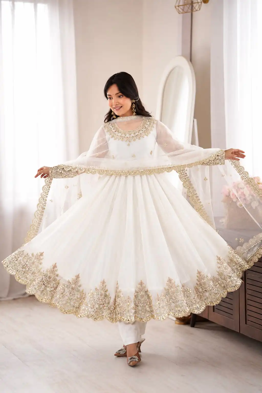 SR 1723 White Doremon Crush Gown with Lace Work & Mirror Work. Exclusive Offer ₹2449. Delivery 4-6 Working Days. Shop now. | Bollywood Gowns, Creative Gowns, Designer Gowns, Embroidered Gowns, Gowns, Party Wear Gowns