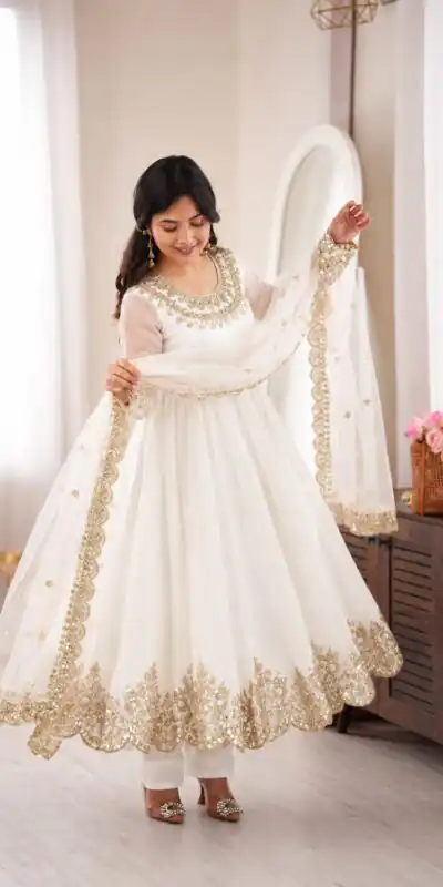 SR 1723 White Doremon Crush Gown with Lace Work & Mirror Work. Exclusive Offer ₹2449. Delivery 4-6 Working Days. Shop now. | Bollywood Gowns, Creative Gowns, Designer Gowns, Embroidered Gowns, Gowns, Party Wear Gowns