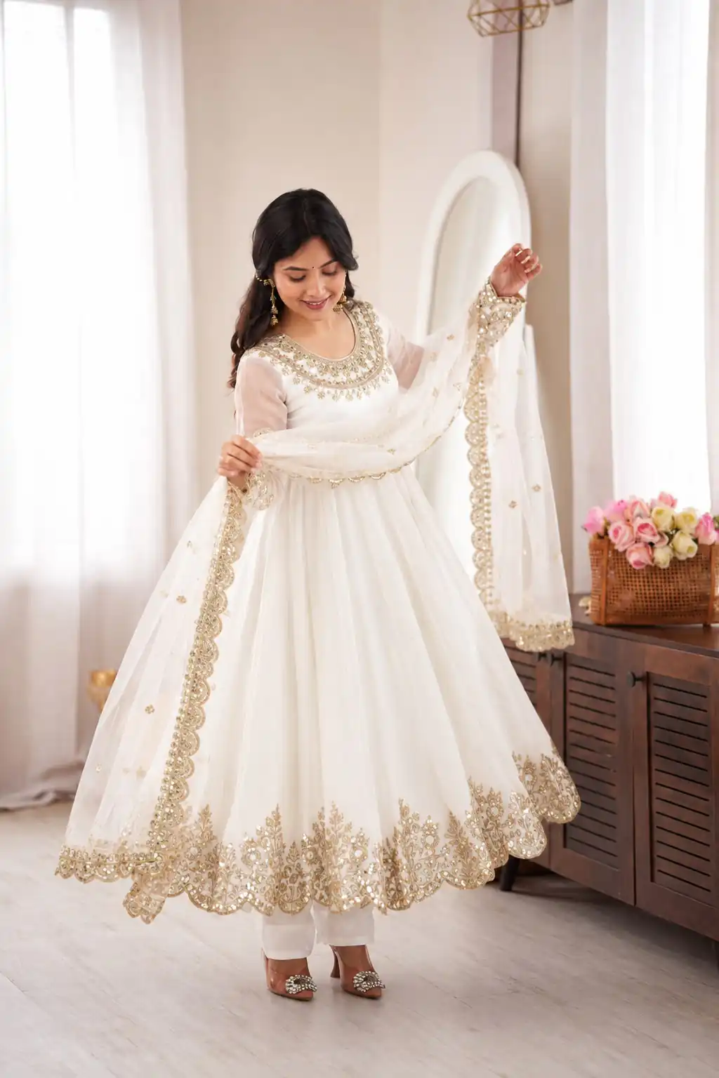 SR 1723 White Doremon Crush Gown with Lace Work & Mirror Work. Exclusive Offer ₹2449. Delivery 4-6 Working Days. Shop now. | Bollywood Gowns, Creative Gowns, Designer Gowns, Embroidered Gowns, Gowns, Party Wear Gowns