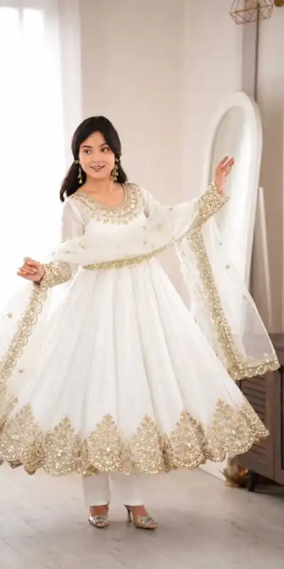 SR 1723 White Doremon Crush Gown with Lace Work & Mirror Work. Exclusive Offer ₹2449. Delivery 4-6 Working Days. Shop now. | Bollywood Gowns, Creative Gowns, Designer Gowns, Embroidered Gowns, Gowns, Party Wear Gowns