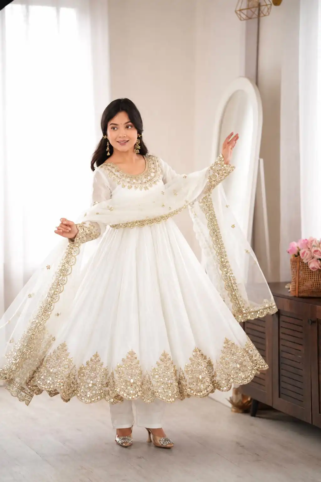 SR 1723 White Doremon Crush Gown with Lace Work & Mirror Work. Exclusive Offer ₹2449. Delivery 4-6 Working Days. Shop now. | Bollywood Gowns, Creative Gowns, Designer Gowns, Embroidered Gowns, Gowns, Party Wear Gowns