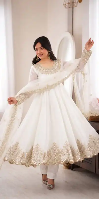 SR 1723 White Doremon Crush Gown with Lace Work & Mirror Work. Exclusive Offer ₹2449. Delivery 4-6 Working Days. Shop now. | Bollywood Gowns, Creative Gowns, Designer Gowns, Embroidered Gowns, Gowns, Party Wear Gowns