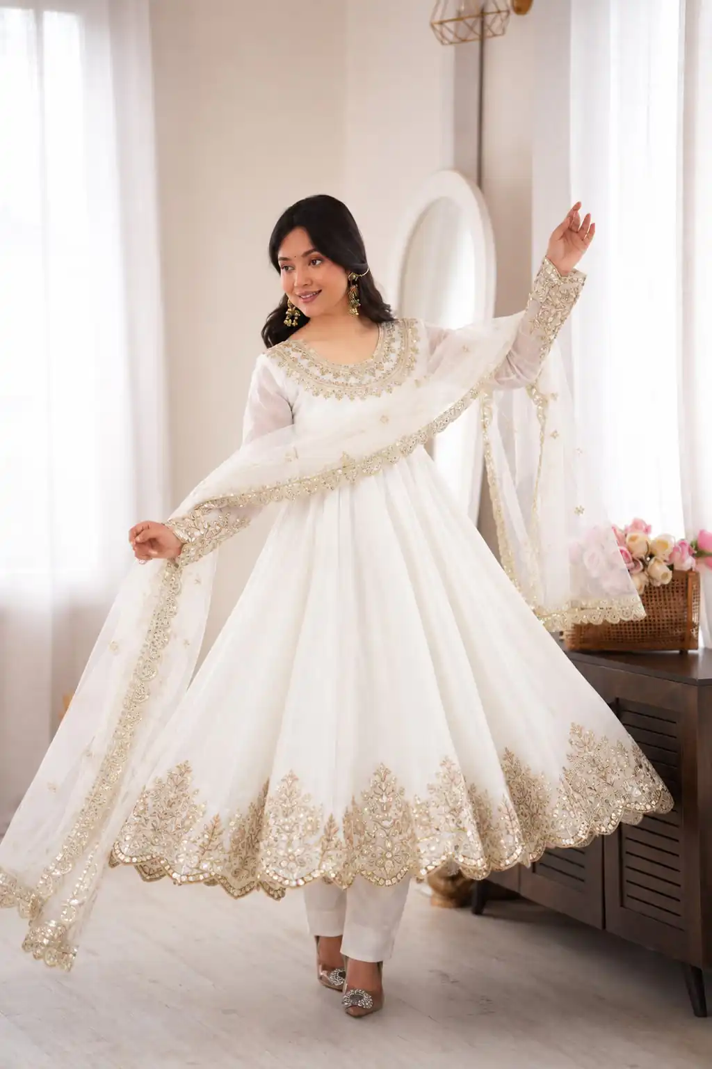 SR 1723 White Doremon Crush Gown with Lace Work & Mirror Work. Exclusive Offer ₹2449. Delivery 4-6 Working Days. Shop now. | Bollywood Gowns, Creative Gowns, Designer Gowns, Embroidered Gowns, Gowns, Party Wear Gowns