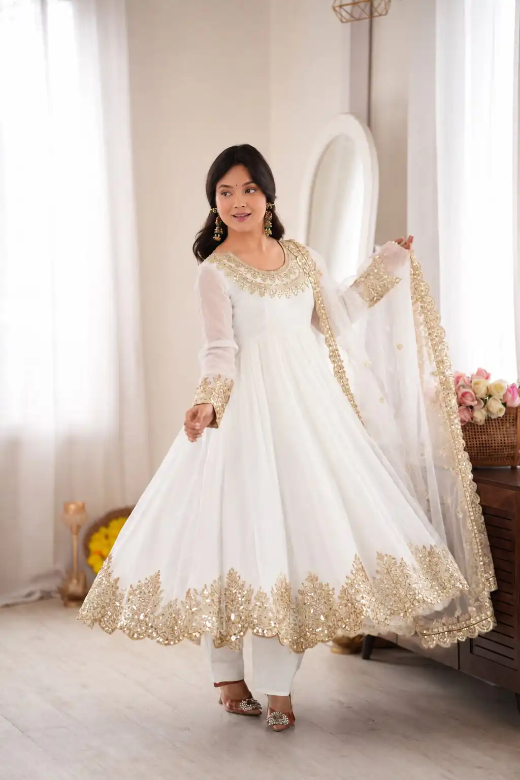 SR 1723 White Doremon Crush Gown with Lace Work & Mirror Work. Exclusive Offer ₹2449. Delivery 4-6 Working Days. Shop now. | Bollywood Gowns, Creative Gowns, Designer Gowns, Embroidered Gowns, Gowns, Party Wear Gowns