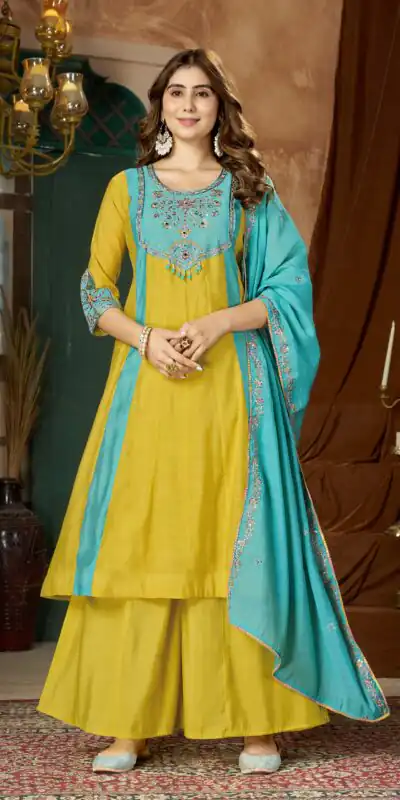 DIVA 183 Yellow Brown Mal Chanderi Salwar Suit Perfect for Wedding, Party, Baisakhi, Housewarming, Sangeet – Introductory Price ₹2799. Delivery 4-6 Working | Casual Suits, Jump Suits, Creative suits, Designer Suits, Palazzo Suits, Party Wear Suits, Patiala Suits, Salwar suit, Straight Suits
