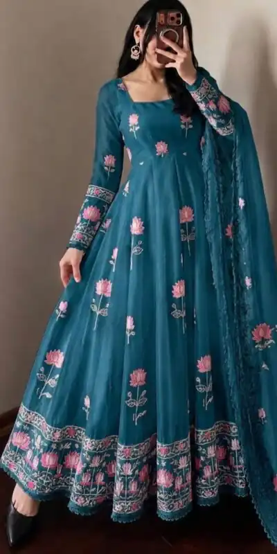 SR 1724 Blue Faux Georgette Gown with Mirror Work & Embroidery Work. Get it for ₹2799. Delivery 4-6 Working Days. Online Shop now. | Bollywood Gowns, Creative Gowns, Designer Gowns, Embroidered Gowns, Gowns, Party Wear Gowns