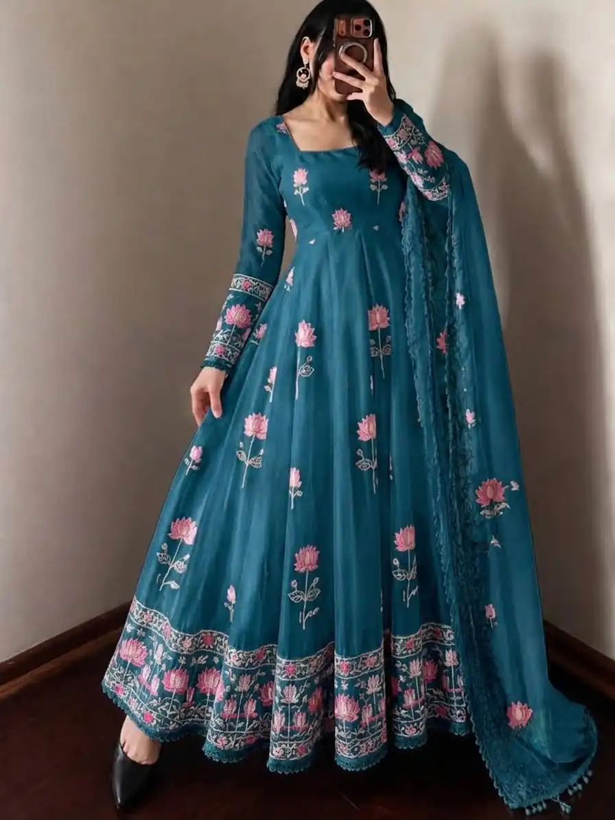 SR 1724 Blue Faux Georgette Gown with Mirror Work & Embroidery Work. Get it for ₹2799. Delivery 4-6 Working Days. Online Shop now. | Bollywood Gowns, Creative Gowns, Designer Gowns, Embroidered Gowns, Gowns, Party Wear Gowns