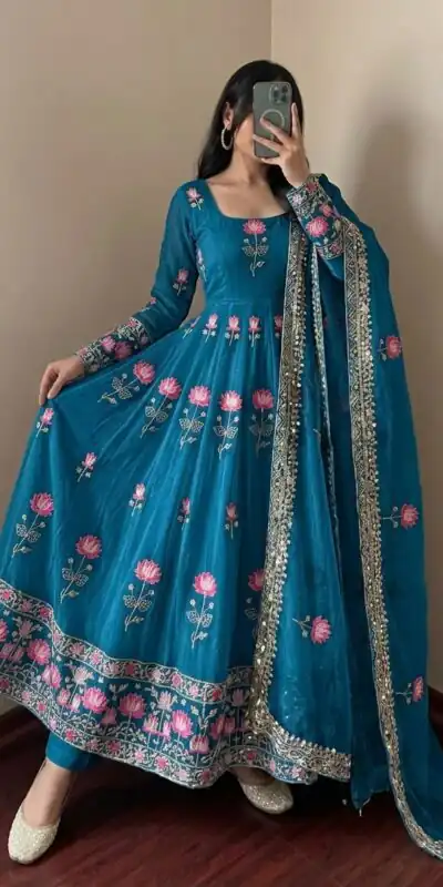 SR 1724 Blue Faux Georgette Gown with Mirror Work & Embroidery Work. Get it for ₹2799. Delivery 4-6 Working Days. Online Shop now. | Bollywood Gowns, Creative Gowns, Designer Gowns, Embroidered Gowns, Gowns, Party Wear Gowns