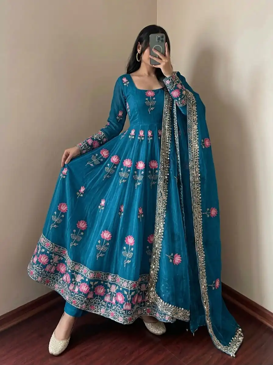 SR 1724 Blue Faux Georgette Gown with Mirror Work & Embroidery Work. Get it for ₹2799. Delivery 4-6 Working Days. Online Shop now. | Bollywood Gowns, Creative Gowns, Designer Gowns, Embroidered Gowns, Gowns, Party Wear Gowns