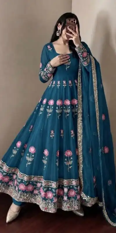 SR 1724 Blue Faux Georgette Gown with Mirror Work & Embroidery Work. Get it for ₹2799. Delivery 4-6 Working Days. Online Shop now. | Bollywood Gowns, Creative Gowns, Designer Gowns, Embroidered Gowns, Gowns, Party Wear Gowns