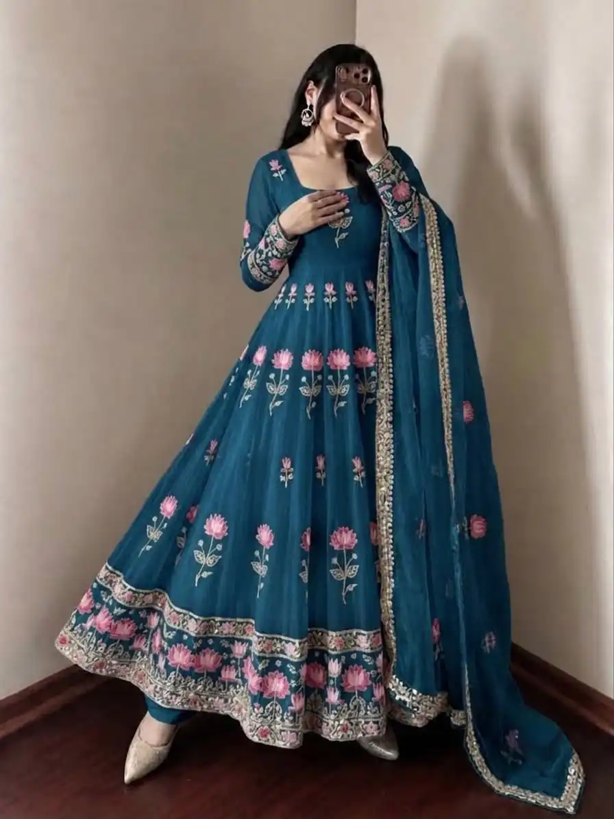 SR 1724 Blue Faux Georgette Gown with Mirror Work & Embroidery Work. Get it for ₹2799. Delivery 4-6 Working Days. Online Shop now. | Bollywood Gowns, Creative Gowns, Designer Gowns, Embroidered Gowns, Gowns, Party Wear Gowns