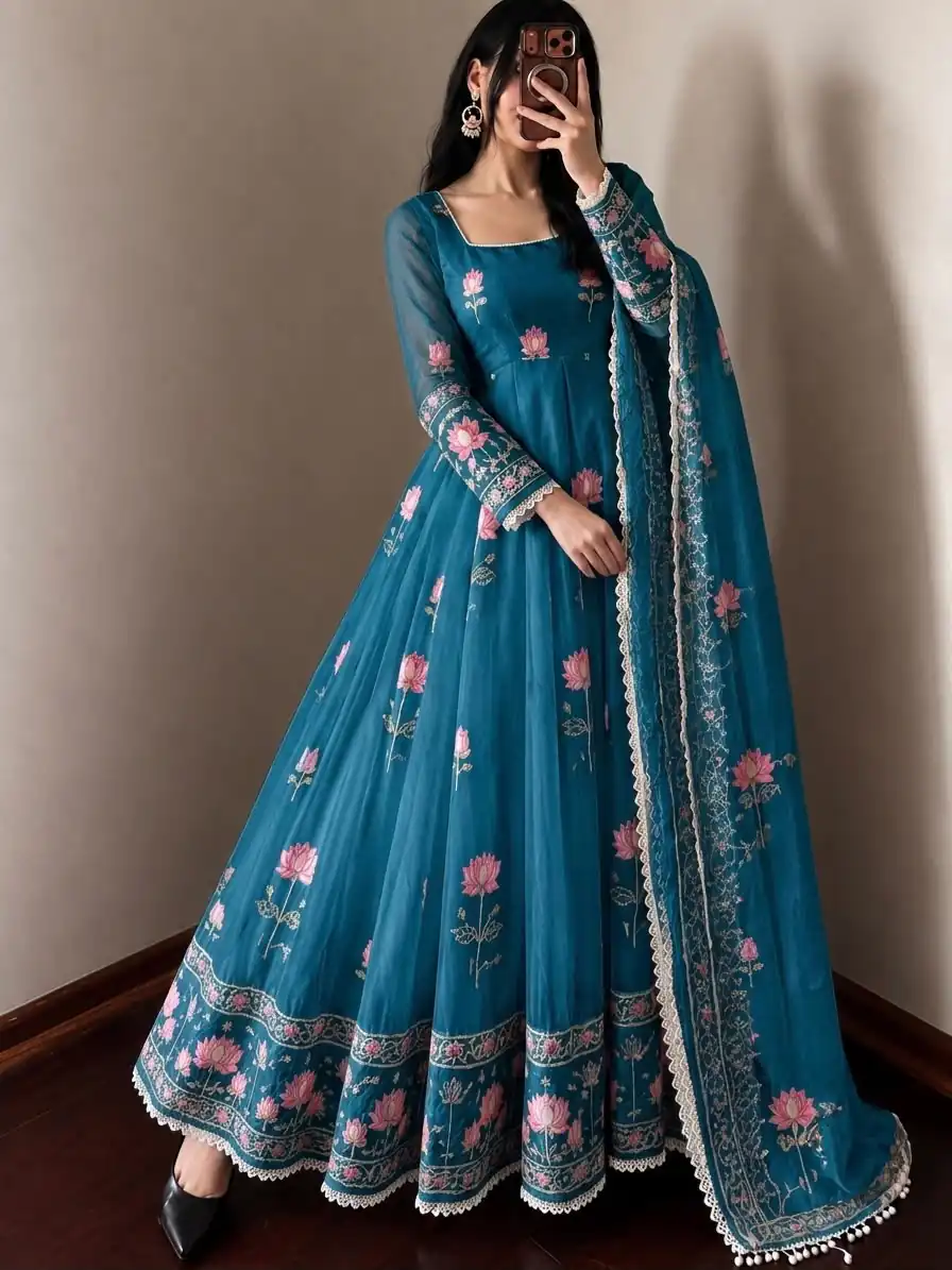 SR 1724 Blue Faux Georgette Gown with Mirror Work & Embroidery Work. Get it for ₹2799. Delivery 4-6 Working Days. Online Shop now. | Bollywood Gowns, Creative Gowns, Designer Gowns, Embroidered Gowns, Gowns, Party Wear Gowns