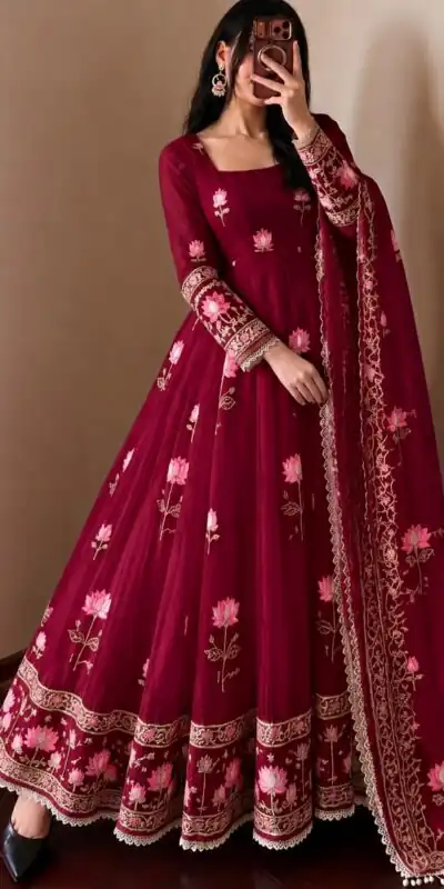 SR 1724 Maroon Faux Georgette Gown with Mirror Work & Embroidery Work. Get it for ₹2799. Delivery 4-6 Working Days. Online Shop now. | Bollywood Gowns, Creative Gowns, Designer Gowns, Embroidered Gowns, Gowns, Party Wear Gowns