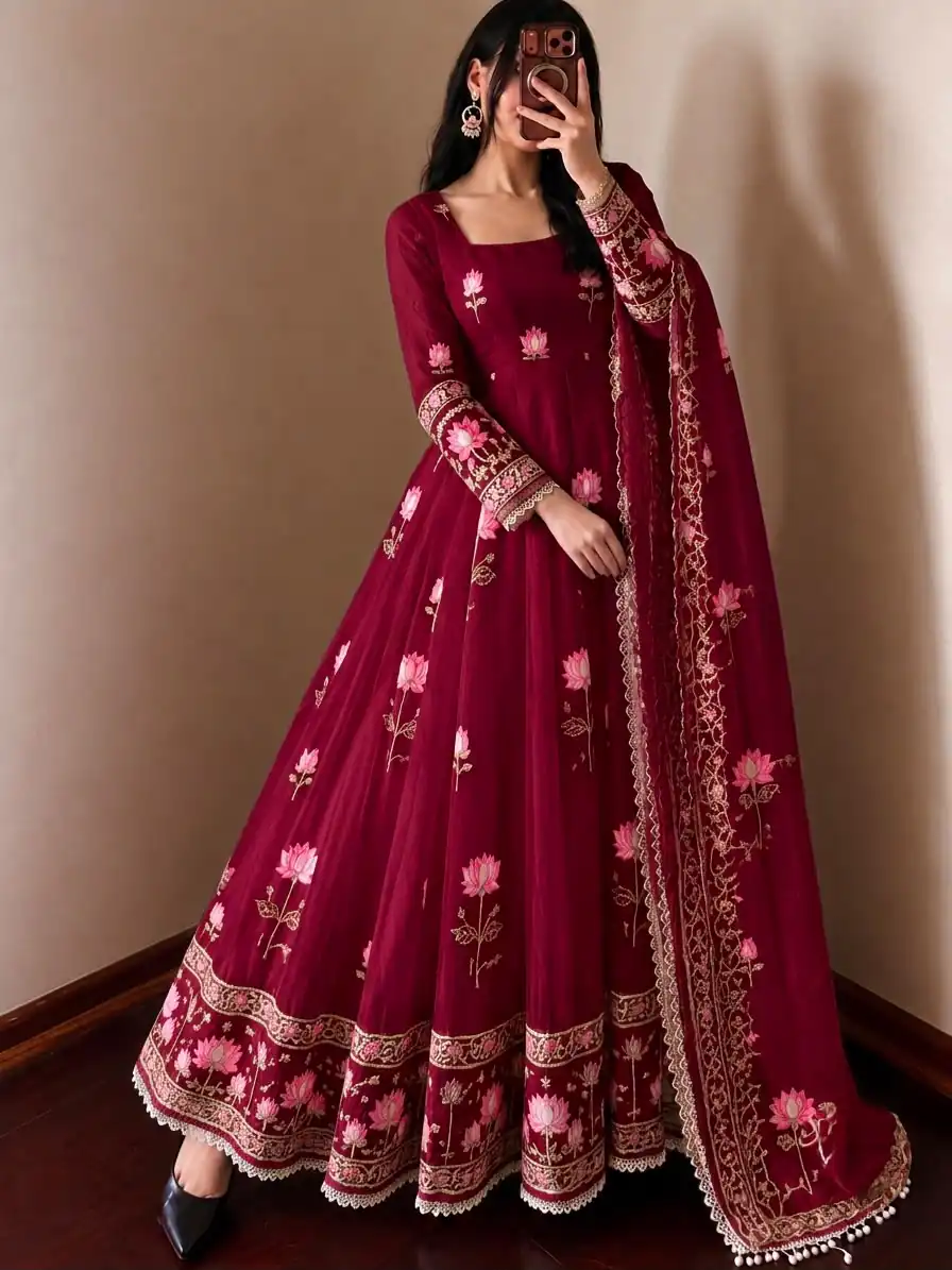 SR 1724 Maroon Faux Georgette Gown with Mirror Work & Embroidery Work. Get it for ₹2799. Delivery 4-6 Working Days. Online Shop now. | Bollywood Gowns, Creative Gowns, Designer Gowns, Embroidered Gowns, Gowns, Party Wear Gowns