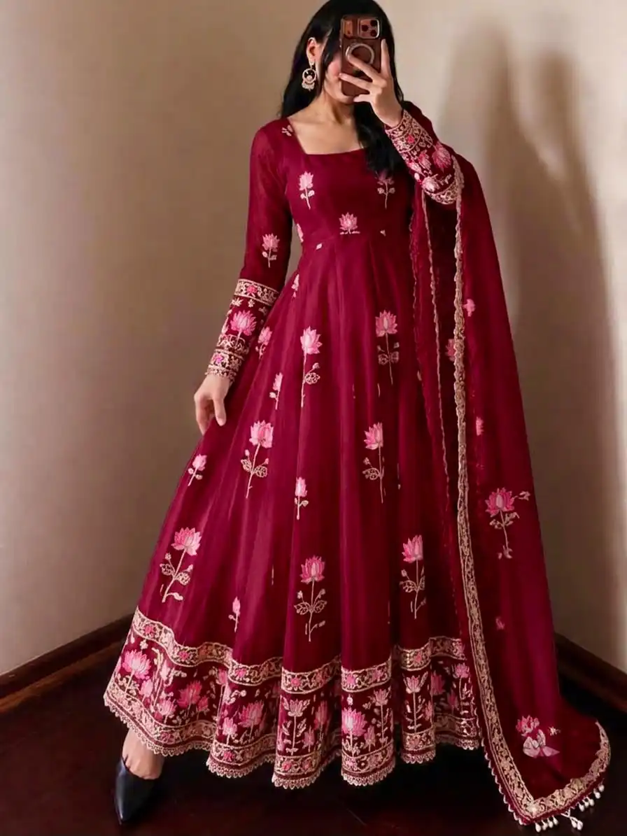 SR 1724 Maroon Faux Georgette Gown with Mirror Work & Embroidery Work. Get it for ₹2799. Delivery 4-6 Working Days. Online Shop now. | Bollywood Gowns, Creative Gowns, Designer Gowns, Embroidered Gowns, Gowns, Party Wear Gowns