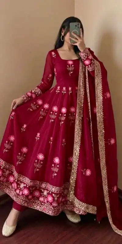 SR 1724 Maroon Faux Georgette Gown with Mirror Work & Embroidery Work. Get it for ₹2799. Delivery 4-6 Working Days. Online Shop now. | Bollywood Gowns, Creative Gowns, Designer Gowns, Embroidered Gowns, Gowns, Party Wear Gowns