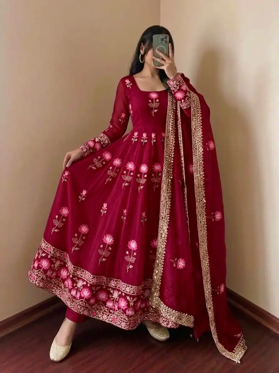 SR 1724 Maroon Faux Georgette Gown with Mirror Work & Embroidery Work. Get it for ₹2799. Delivery 4-6 Working Days. Online Shop now. | Bollywood Gowns, Creative Gowns, Designer Gowns, Embroidered Gowns, Gowns, Party Wear Gowns