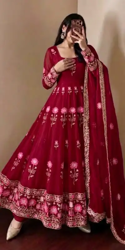 SR 1724 Maroon Faux Georgette Gown with Mirror Work & Embroidery Work. Get it for ₹2799. Delivery 4-6 Working Days. Online Shop now. | Bollywood Gowns, Creative Gowns, Designer Gowns, Embroidered Gowns, Gowns, Party Wear Gowns