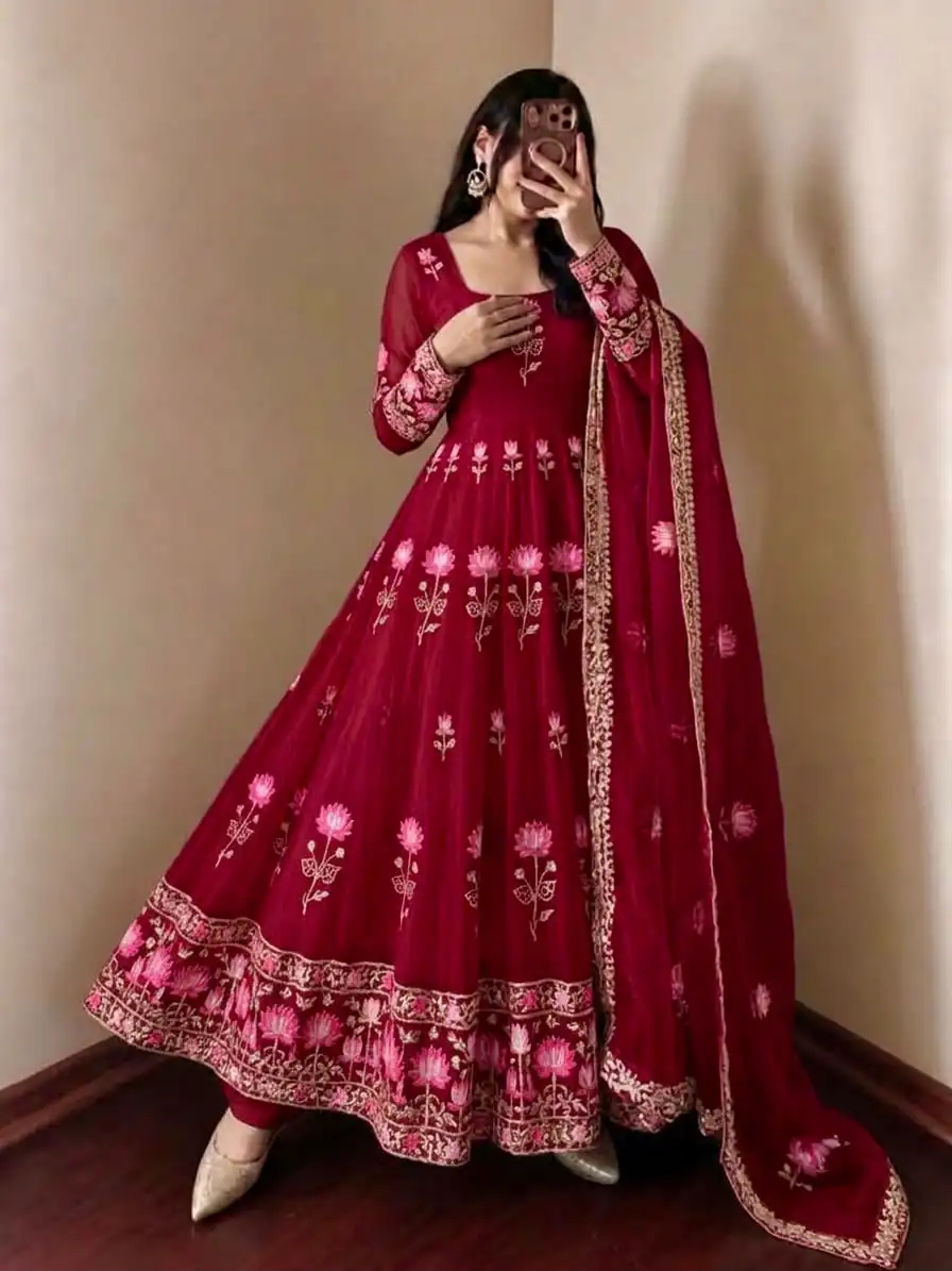SR 1724 Maroon Faux Georgette Gown with Mirror Work & Embroidery Work. Get it for ₹2799. Delivery 4-6 Working Days. Online Shop now. | Bollywood Gowns, Creative Gowns, Designer Gowns, Embroidered Gowns, Gowns, Party Wear Gowns