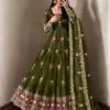 SR 1724 Mehendi Faux Georgette Gown with Mirror Work & Embroidery Work. Get it for ₹2799. Delivery 4-6 Working Days. Online Shop now. | Bollywood Gowns, Creative Gowns, Designer Gowns, Embroidered Gowns, Gowns, Party Wear Gowns
