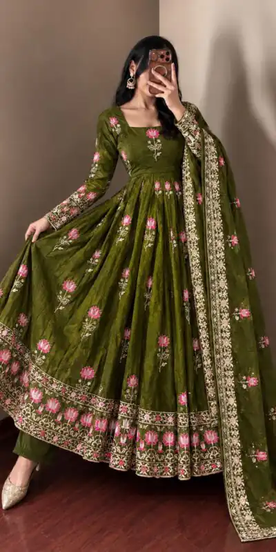 SR 1724 Mehendi Faux Georgette Gown with Mirror Work & Embroidery Work. Get it for ₹2799. Delivery 4-6 Working Days. Online Shop now. | Bollywood Gowns, Creative Gowns, Designer Gowns, Embroidered Gowns, Gowns, Party Wear Gowns