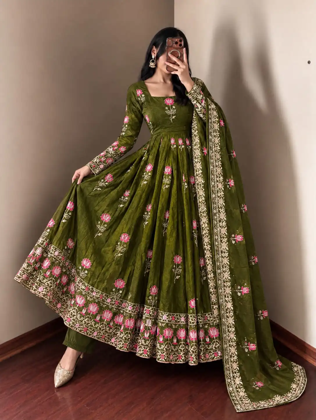 SR 1724 Mehendi Faux Georgette Gown with Mirror Work & Embroidery Work. Get it for ₹2799. Delivery 4-6 Working Days. Online Shop now. | Bollywood Gowns, Creative Gowns, Designer Gowns, Embroidered Gowns, Gowns, Party Wear Gowns