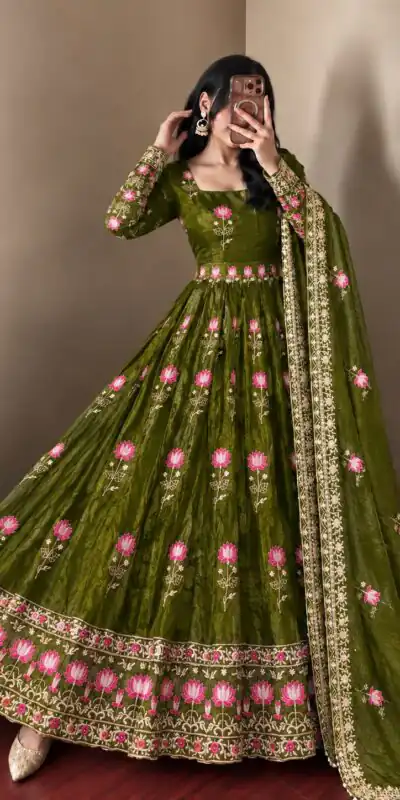 SR 1724 Mehendi Faux Georgette Gown with Mirror Work & Embroidery Work. Get it for ₹2799. Delivery 4-6 Working Days. Online Shop now. | Bollywood Gowns, Creative Gowns, Designer Gowns, Embroidered Gowns, Gowns, Party Wear Gowns