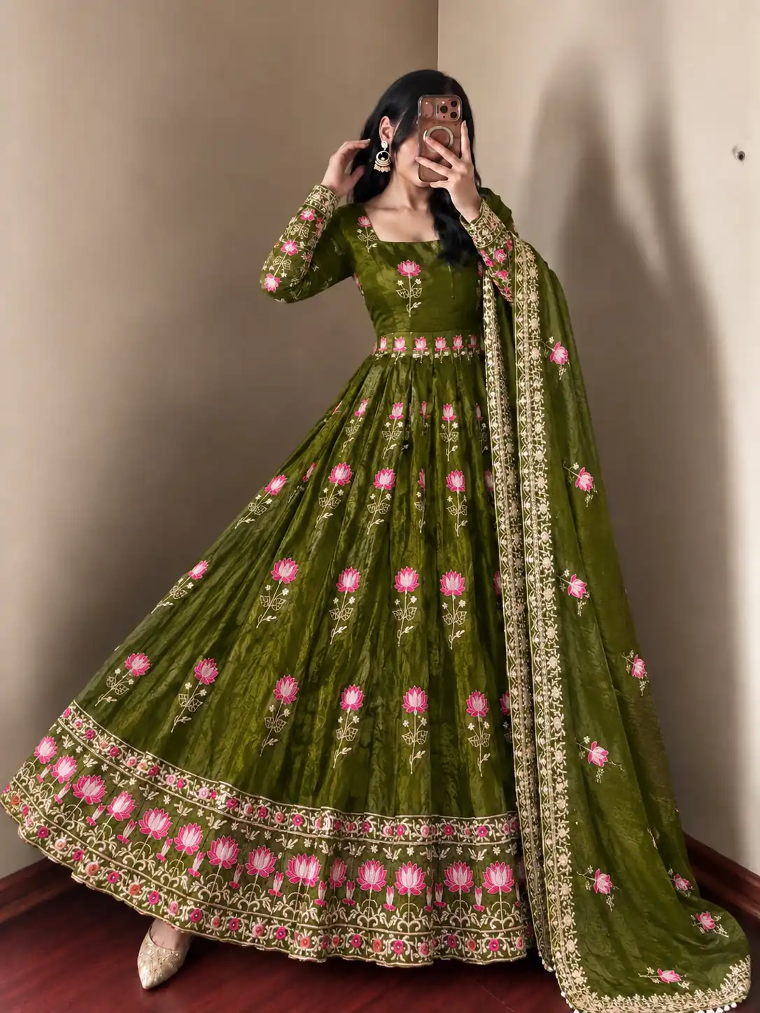 SR 1724 Mehendi Faux Georgette Gown with Mirror Work & Embroidery Work. Get it for ₹2799. Delivery 4-6 Working Days. Online Shop now. | Bollywood Gowns, Creative Gowns, Designer Gowns, Embroidered Gowns, Gowns, Party Wear Gowns
