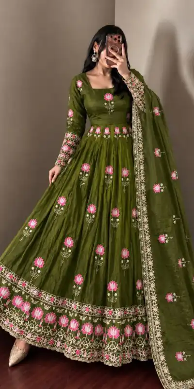 SR 1724 Mehendi Faux Georgette Gown with Mirror Work & Embroidery Work. Get it for ₹2799. Delivery 4-6 Working Days. Online Shop now. | Bollywood Gowns, Creative Gowns, Designer Gowns, Embroidered Gowns, Gowns, Party Wear Gowns