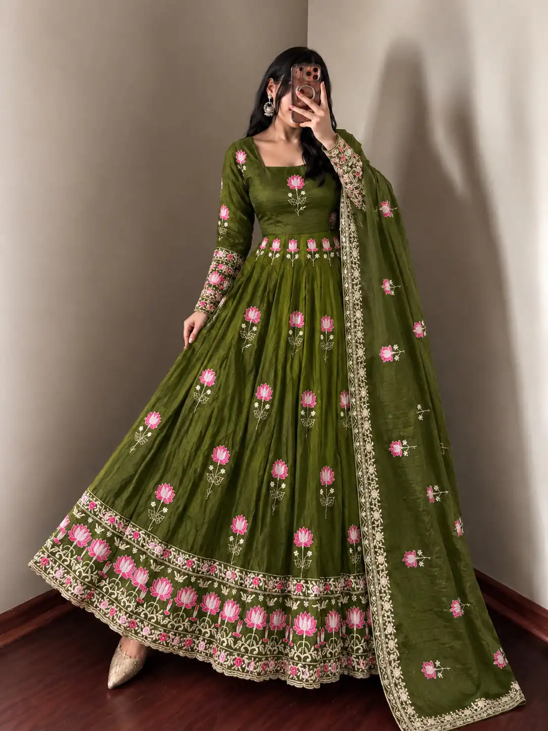 SR 1724 Mehendi Faux Georgette Gown with Mirror Work & Embroidery Work. Get it for ₹2799. Delivery 4-6 Working Days. Online Shop now. | Bollywood Gowns, Creative Gowns, Designer Gowns, Embroidered Gowns, Gowns, Party Wear Gowns