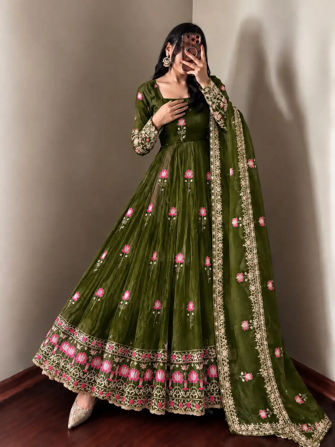 SR 1724 Mehendi Faux Georgette Gown with Mirror Work & Embroidery Work. Get it for ₹2799. Delivery 4-6 Working Days. Online Shop now. | Bollywood Gowns, Creative Gowns, Designer Gowns, Embroidered Gowns, Gowns, Party Wear Gowns