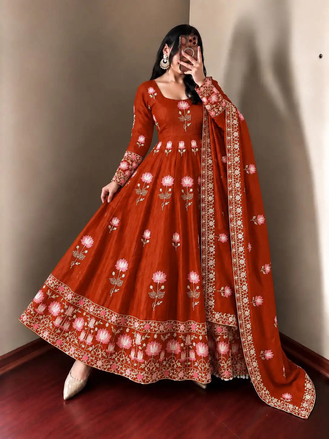 SR 1724 Rust Faux Georgette Gown with Mirror Work & Embroidery Work. Get it for ₹2799. Delivery 4-6 Working Days. Online Shop now. | Bollywood Gowns, Creative Gowns, Designer Gowns, Embroidered Gowns, Gowns, Party Wear Gowns