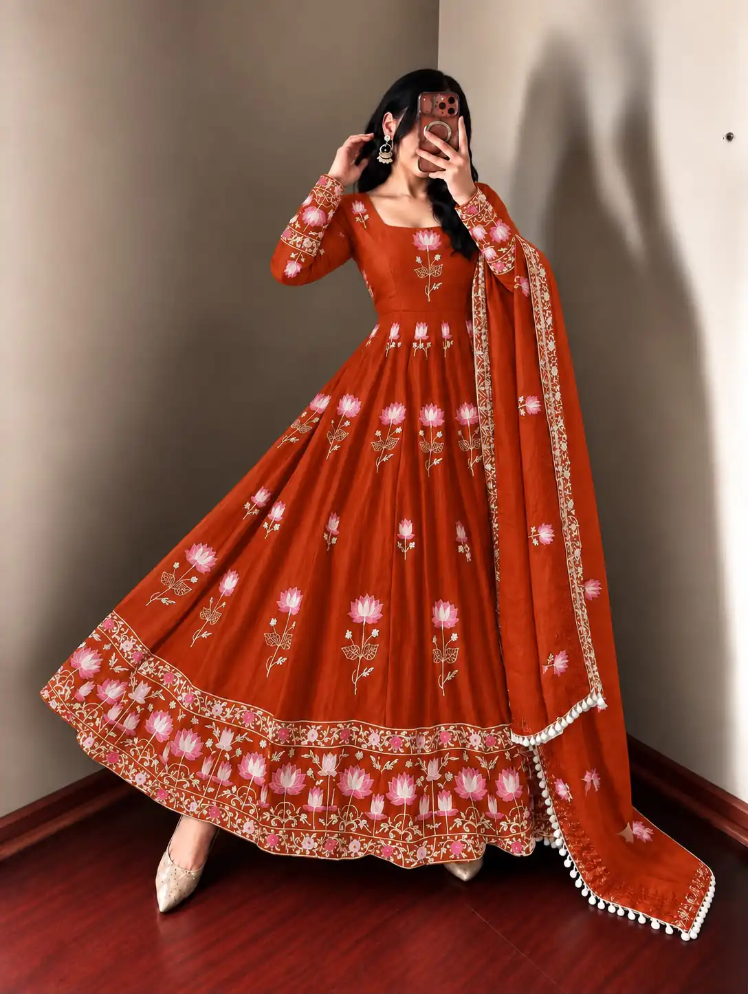 SR 1724 Rust Faux Georgette Gown with Mirror Work & Embroidery Work. Get it for ₹2799. Delivery 4-6 Working Days. Online Shop now. | Bollywood Gowns, Creative Gowns, Designer Gowns, Embroidered Gowns, Gowns, Party Wear Gowns