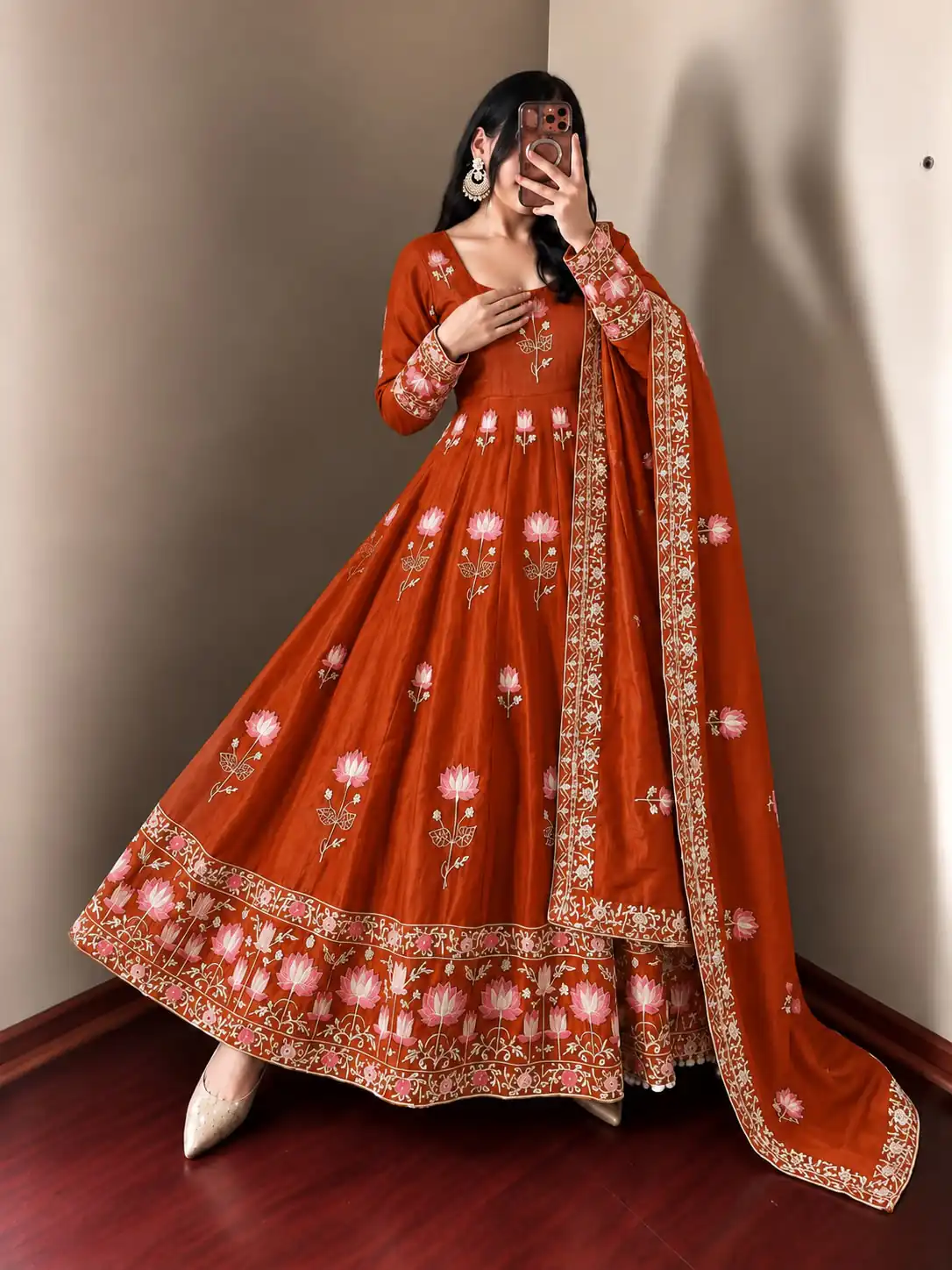 SR 1724 Rust Faux Georgette Gown with Mirror Work & Embroidery Work. Get it for ₹2799. Delivery 4-6 Working Days. Online Shop now. | Bollywood Gowns, Creative Gowns, Designer Gowns, Embroidered Gowns, Gowns, Party Wear Gowns