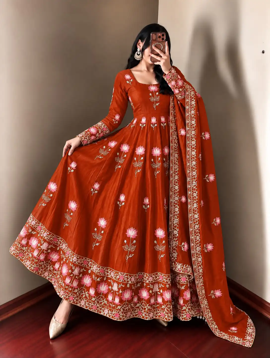 SR 1724 Rust Faux Georgette Gown with Mirror Work & Embroidery Work. Get it for ₹2799. Delivery 4-6 Working Days. Online Shop now. | Bollywood Gowns, Creative Gowns, Designer Gowns, Embroidered Gowns, Gowns, Party Wear Gowns