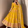 SR 1724 Yellow Faux Georgette Gown with Mirror Work & Embroidery Work. Get it for ₹2799. Delivery 4-6 Working Days. Online Shop now. | Bollywood Gowns, Creative Gowns, Designer Gowns, Embroidered Gowns, Gowns, Party Wear Gowns