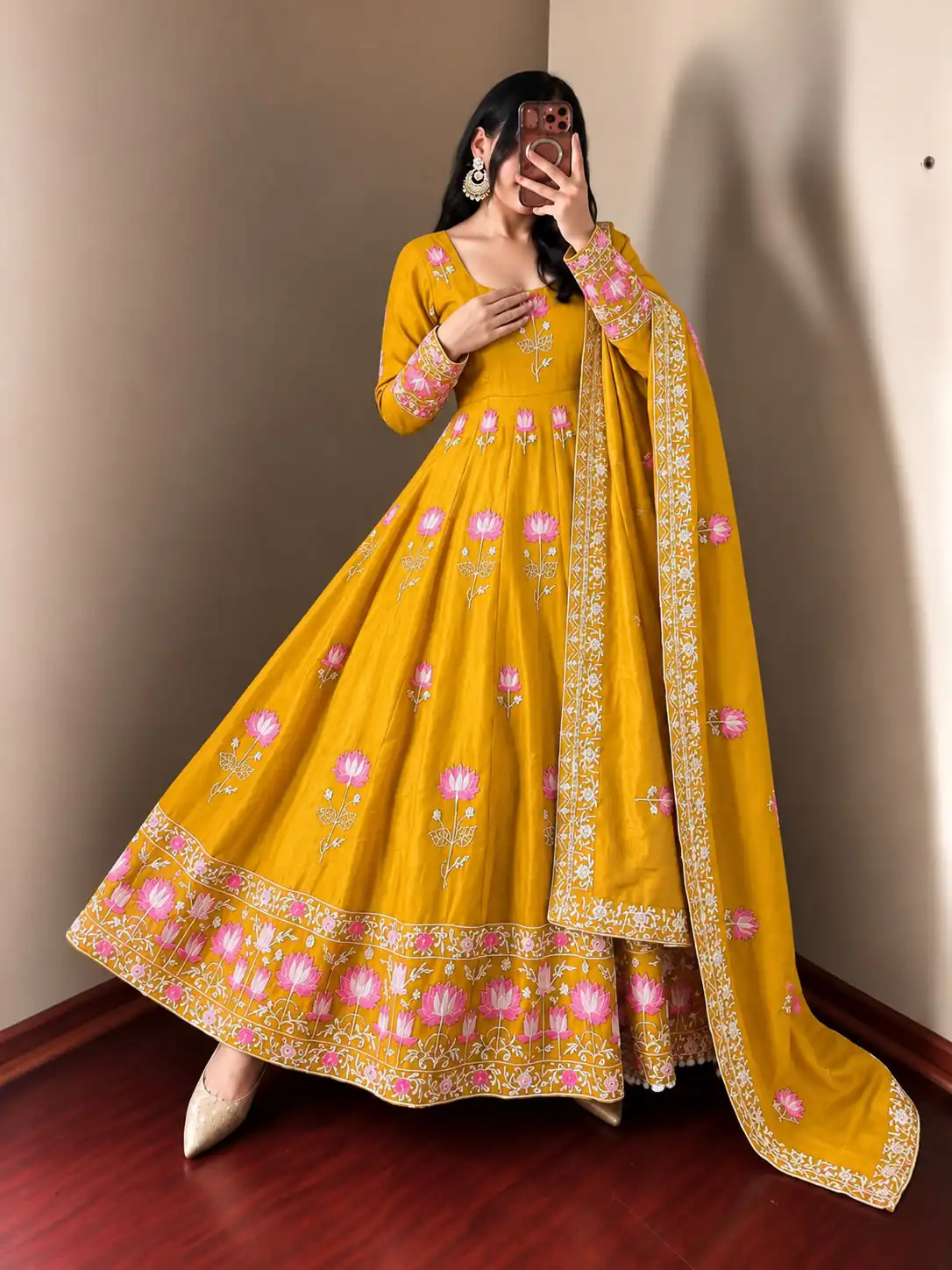 SR 1724 Yellow Faux Georgette Gown with Mirror Work & Embroidery Work. Get it for ₹2799. Delivery 4-6 Working Days. Online Shop now. | Bollywood Gowns, Creative Gowns, Designer Gowns, Embroidered Gowns, Gowns, Party Wear Gowns