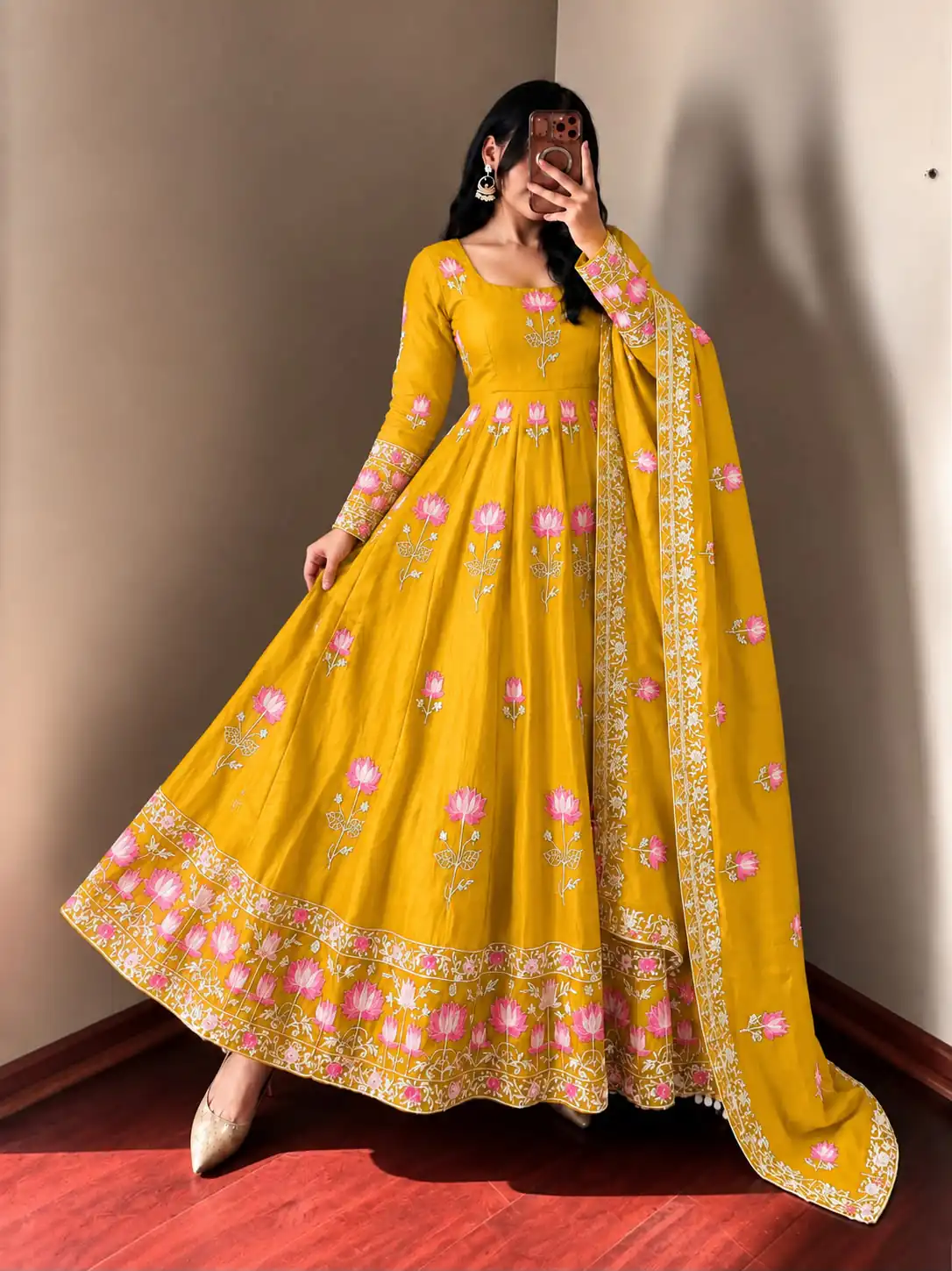 SR 1724 Yellow Faux Georgette Gown with Mirror Work & Embroidery Work. Get it for ₹2799. Delivery 4-6 Working Days. Online Shop now. | Bollywood Gowns, Creative Gowns, Designer Gowns, Embroidered Gowns, Gowns, Party Wear Gowns