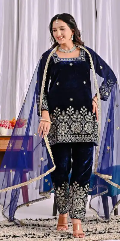 MD 3072 Navy Blue Viscose Velvet Salwar Suit with Embroidery Work & Lace Work. Grab it for ₹2399. Delivery 4-6 Working Days. Shop now. | Casual Suits, Jump Suits, Creative suits, Designer Suits, Palazzo Suits, Party Wear Suits, Patiala Suits, Salwar suit, Straight Suits